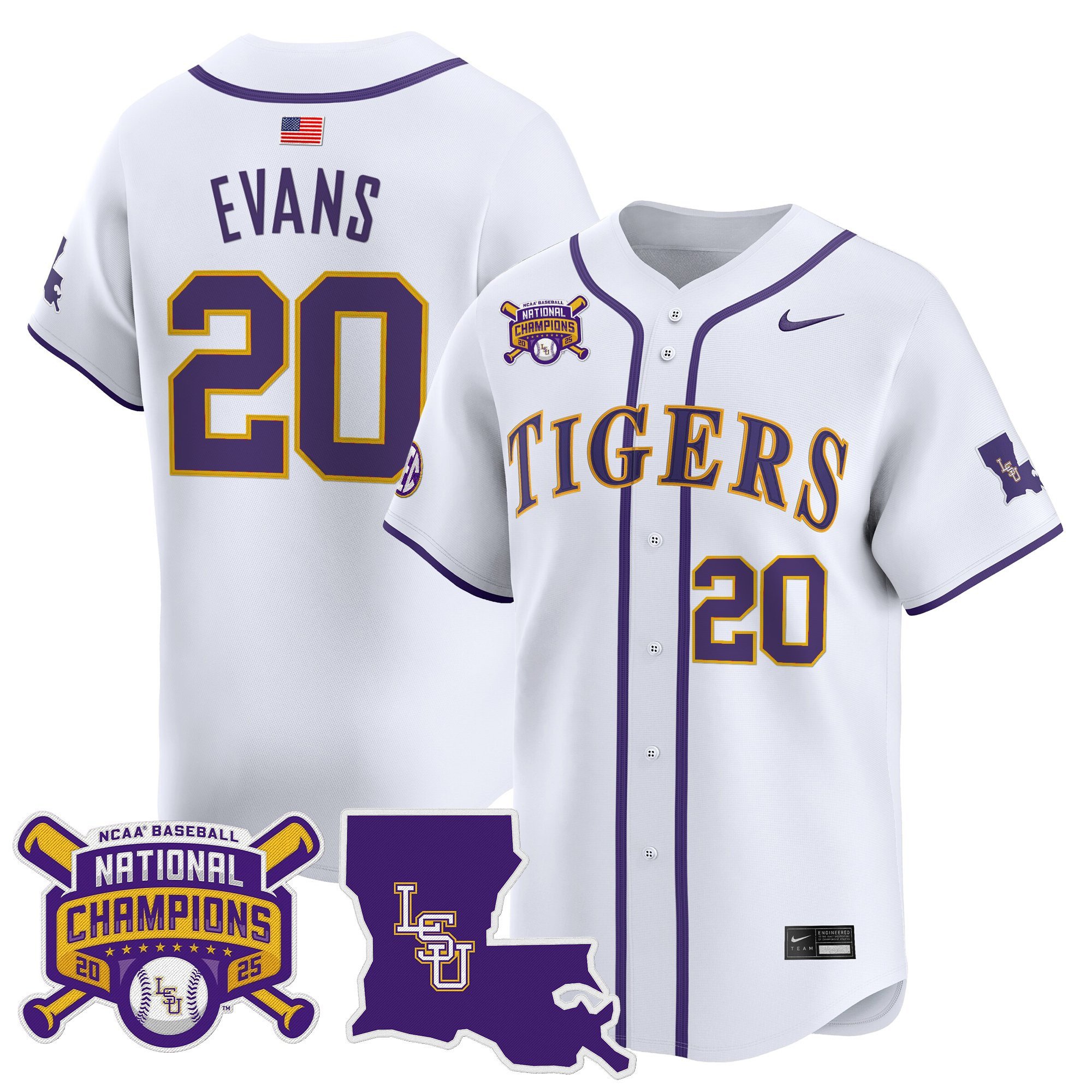 Men's LSU Tigers 2025 College World Series Champions Vapor Premier Limited Jersey - White Casan Evans