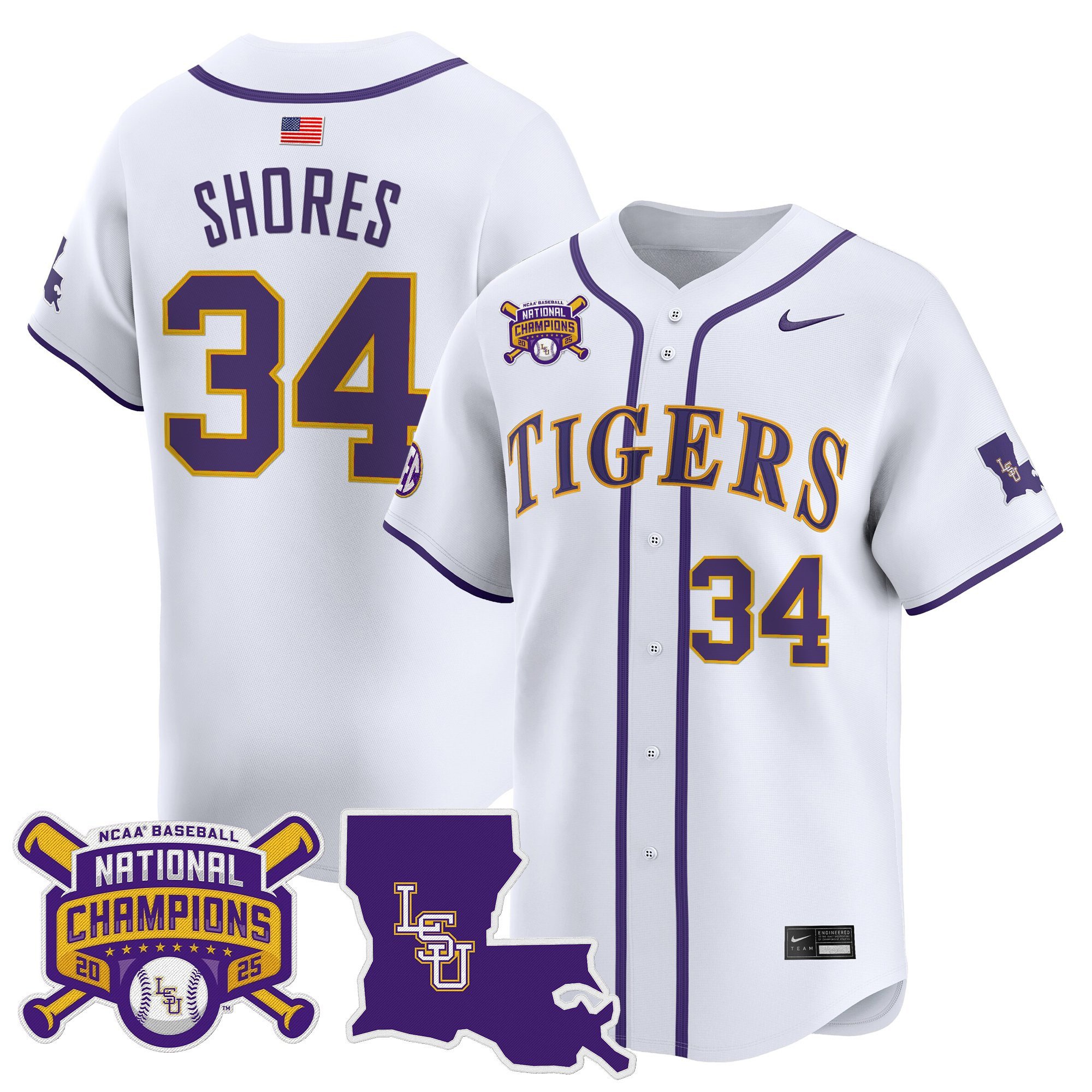 Men's LSU Tigers 2025 College World Series Champions Vapor Premier Limited Jersey - White Chase Shores