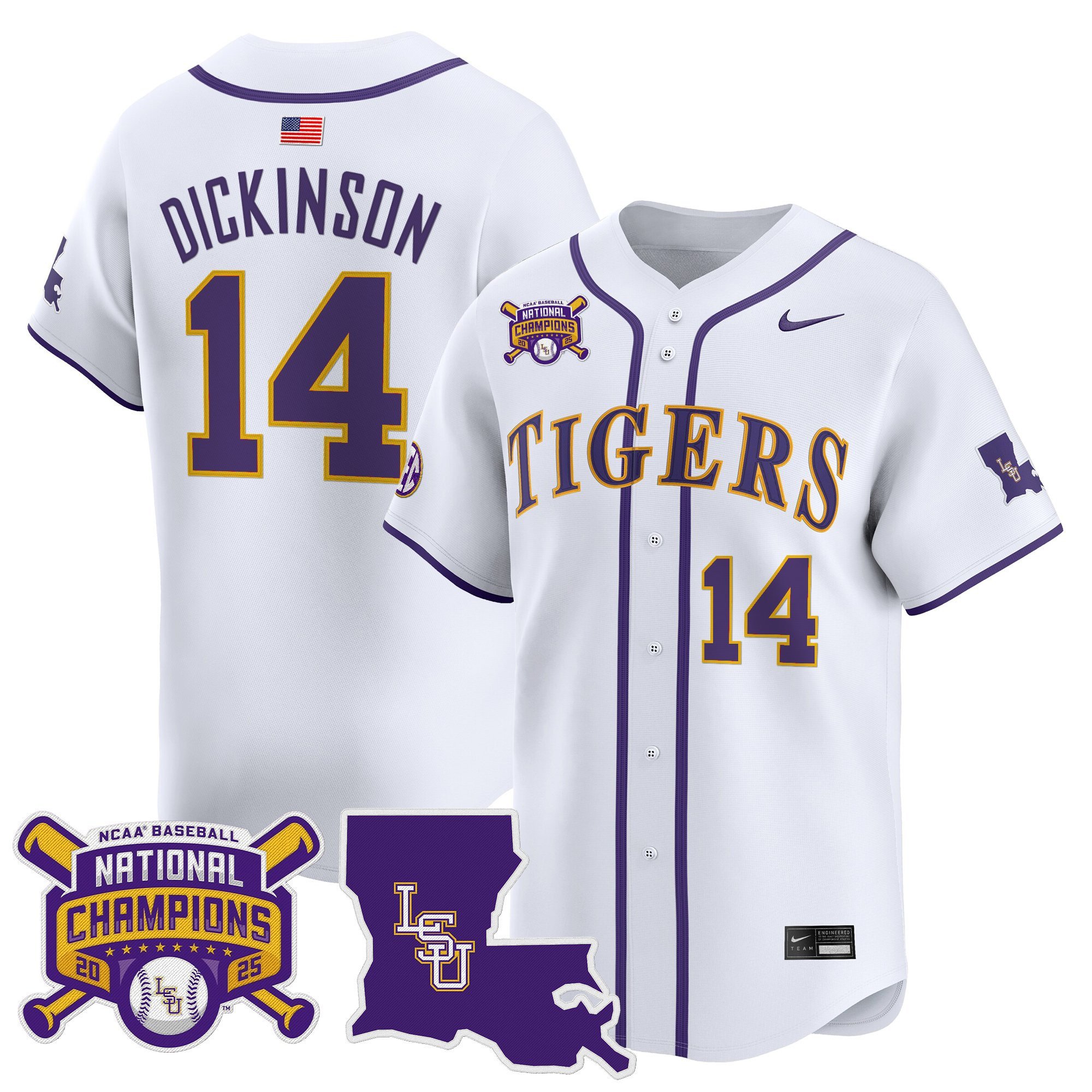 Men's LSU Tigers 2025 College World Series Champions Vapor Premier Limited Jersey - White Daniel Dickinson