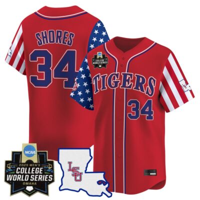 Men's LSU Tigers 2025 Independence Day Vapor Premier Limited Jersey - World Series Patch - Red Chase Shores