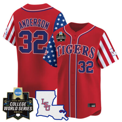 Men's LSU Tigers 2025 Independence Day Vapor Premier Limited Jersey - World Series Patch - Red Kade Anderson