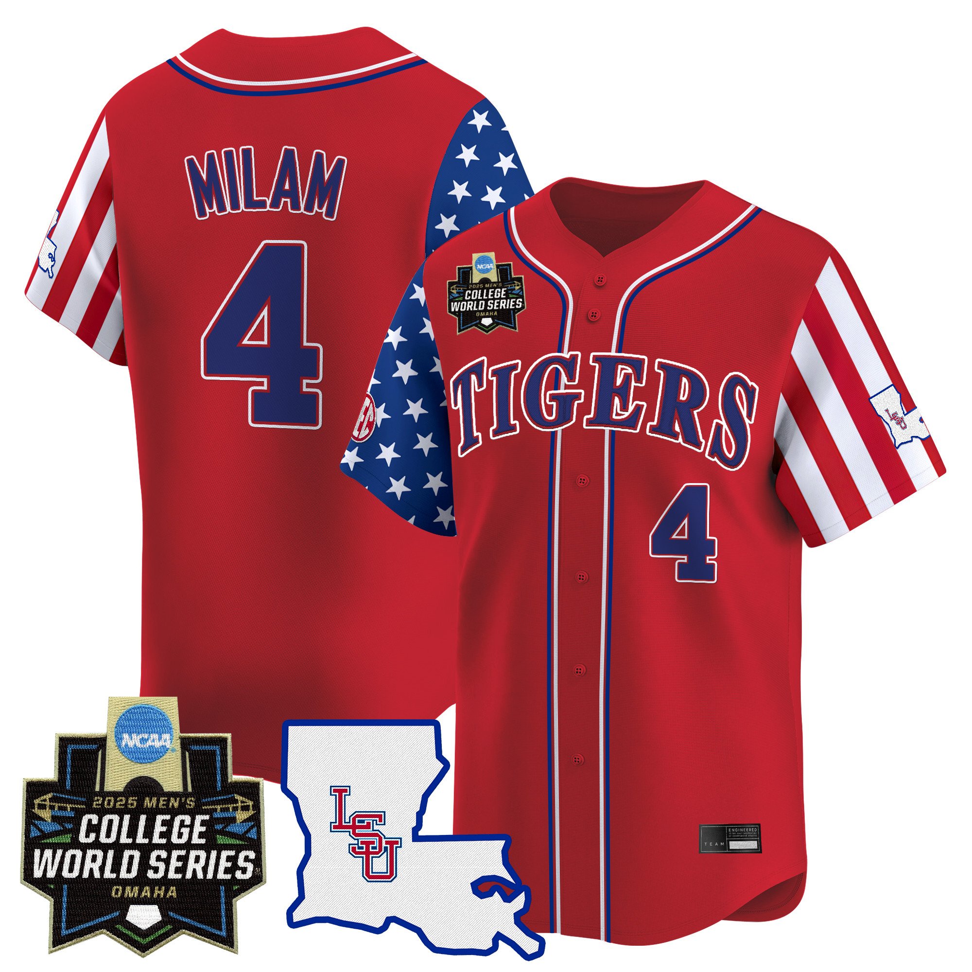 Men's LSU Tigers 2025 Independence Day Vapor Premier Limited Jersey - World Series Patch - Red Steven Milam