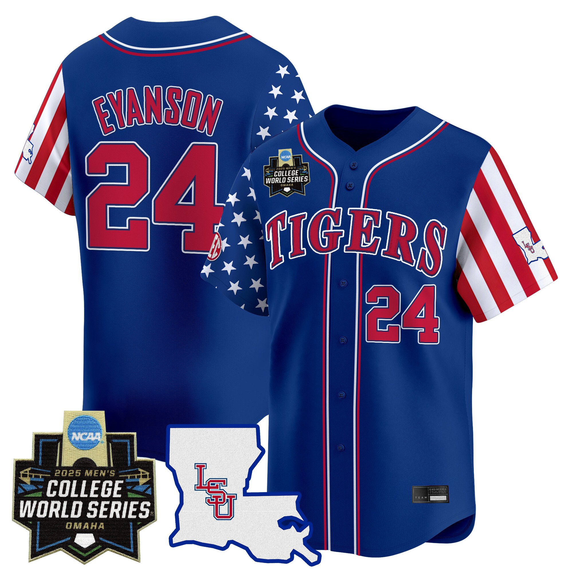 Men's LSU Tigers 2025 Independence Day Vapor Premier Limited Jersey - World Series Patch - Royal Anthony Eyanson