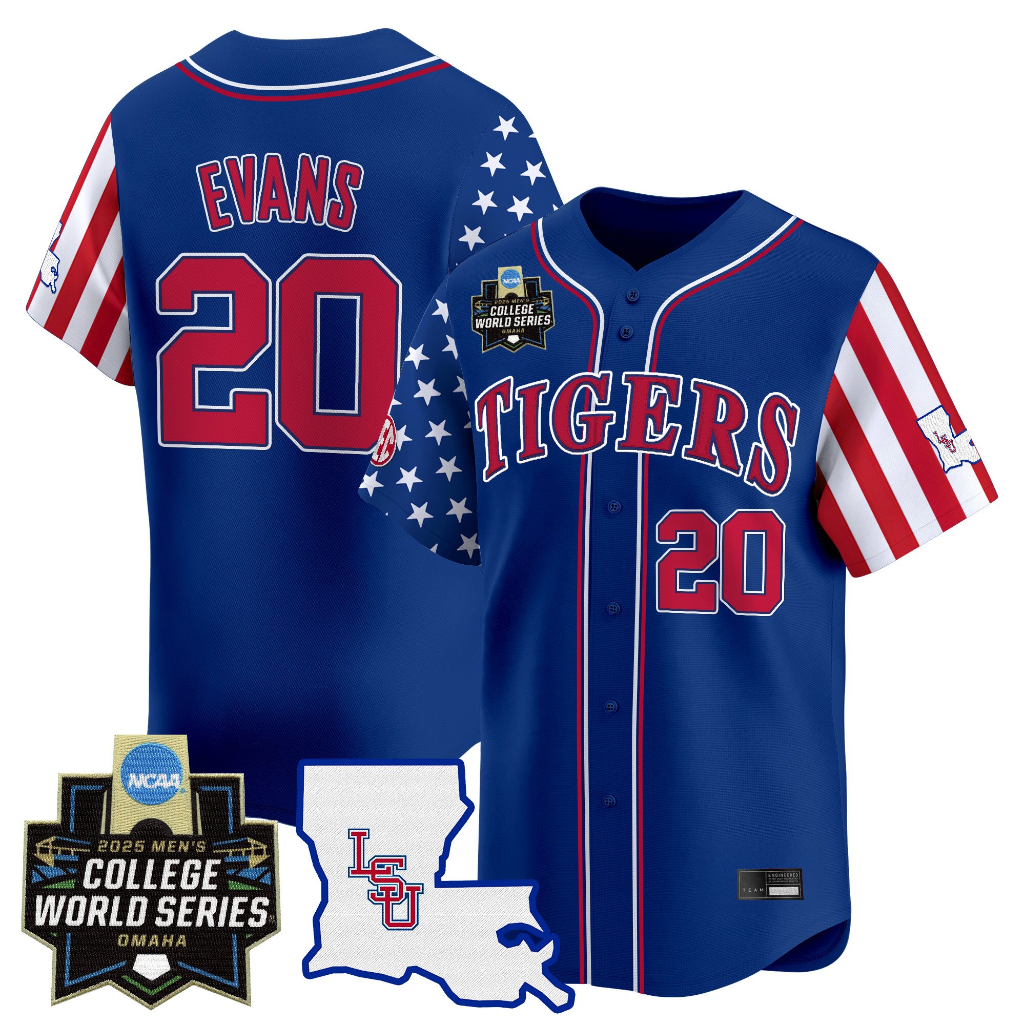 Men's LSU Tigers 2025 Independence Day Vapor Premier Limited Jersey - World Series Patch - Royal Casan Evans