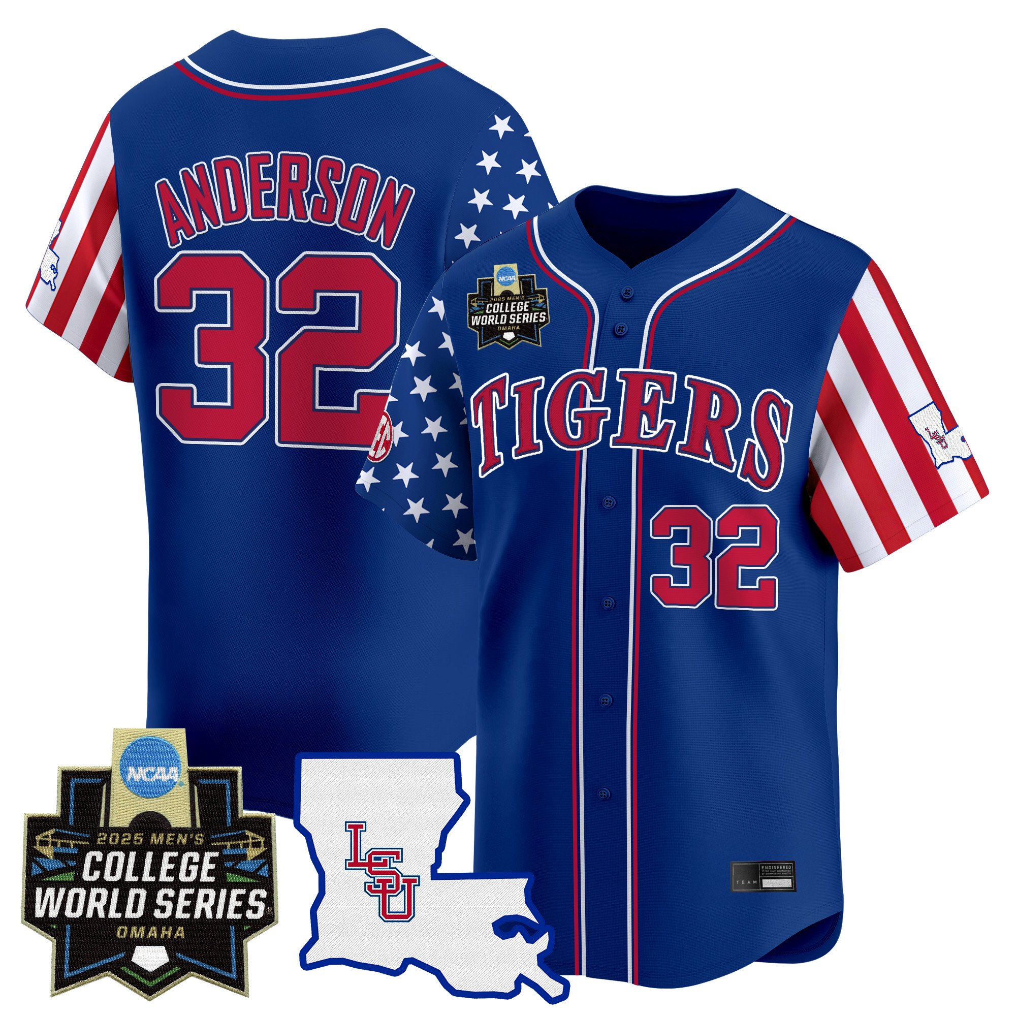 Men's LSU Tigers 2025 Independence Day Vapor Premier Limited Jersey - World Series Patch - Royal Kade Anderson