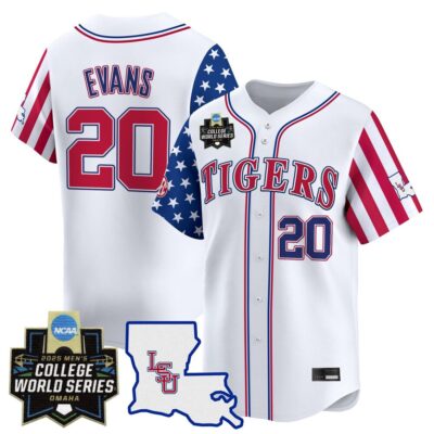 Men's LSU Tigers 2025 Independence Day Vapor Premier Limited Jersey - World Series Patch - White Casan Evans