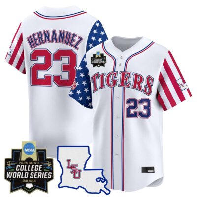 Men's LSU Tigers 2025 Independence Day Vapor Premier Limited Jersey - World Series Patch - White Luis Hernandez