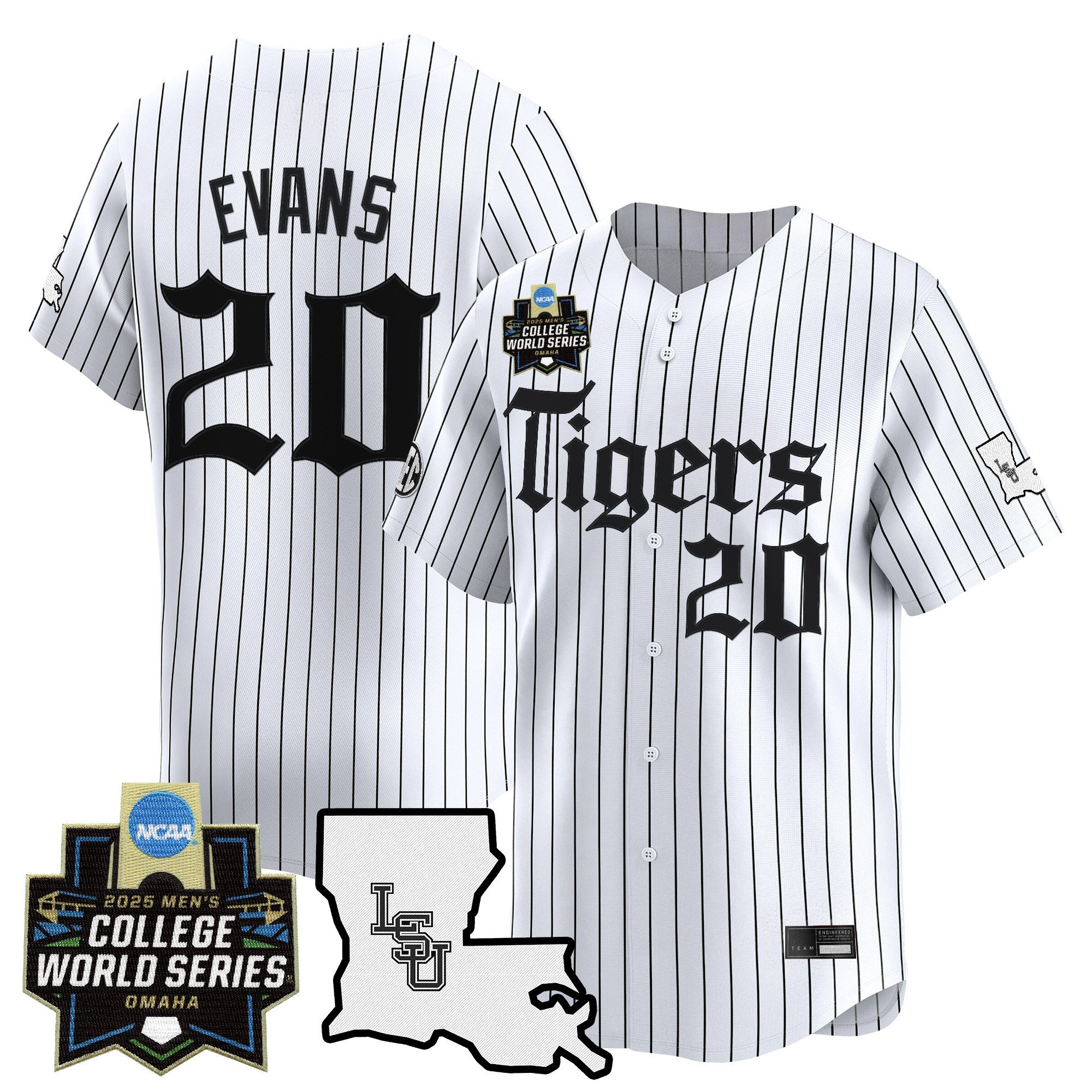 Men's LSU Tigers 2025 World Series 'Gothic Geaux Edition' Vapor Premier Limited Jersey - White Pinstripe Casan Evans