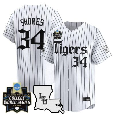Men's LSU Tigers 2025 World Series 'Gothic Geaux Edition' Vapor Premier Limited Jersey - White Pinstripe Chase Shores