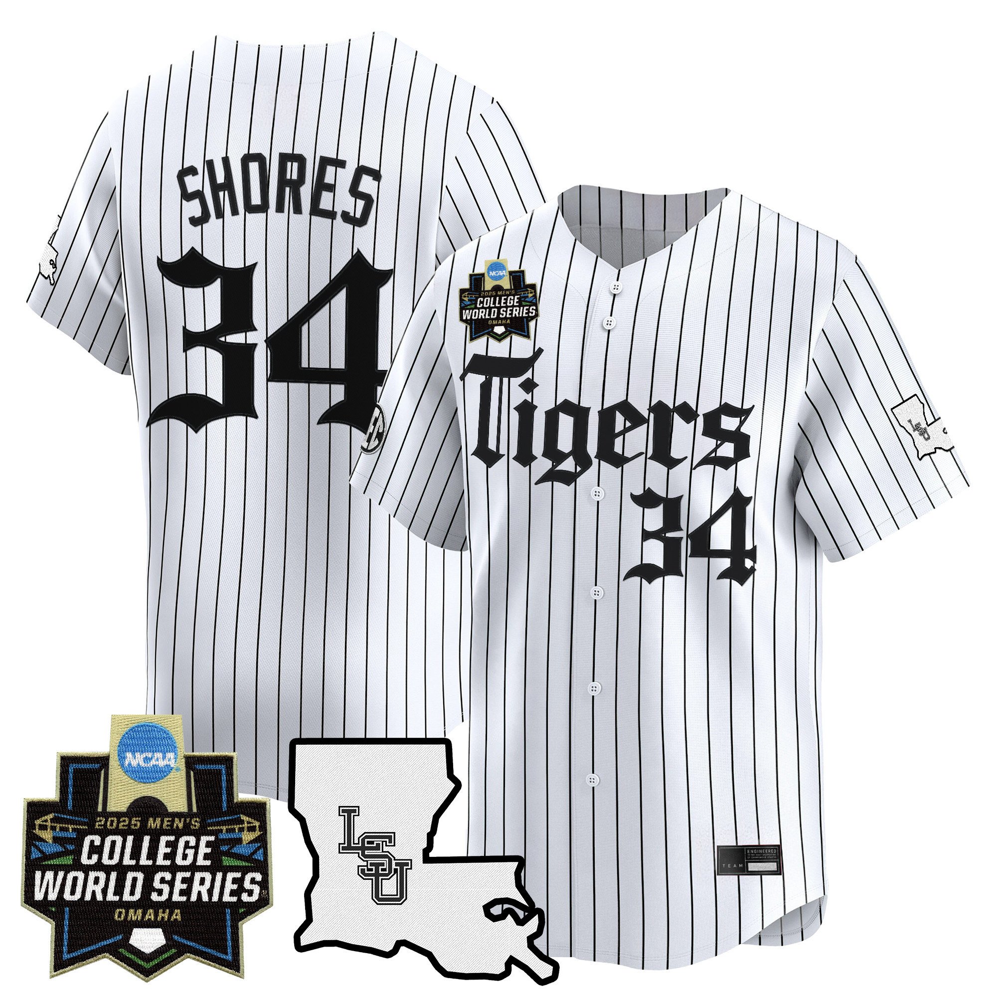 Men's LSU Tigers 2025 World Series 'Gothic Geaux Edition' Vapor Premier Limited Jersey - White Pinstripe Chase Shores