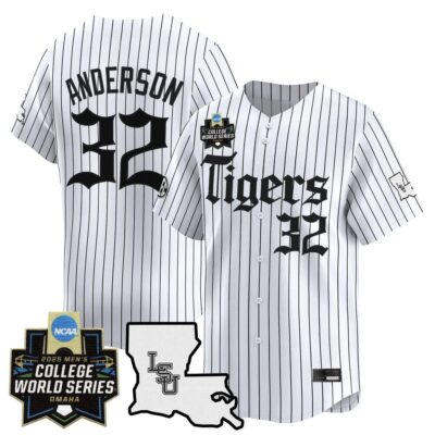 Men's LSU Tigers 2025 World Series 'Gothic Geaux Edition' Vapor Premier Limited Jersey - White Pinstripe Kade Anderson