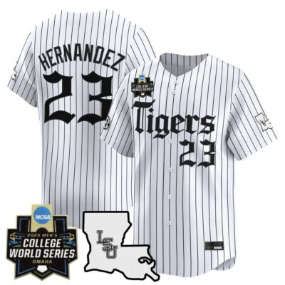 Men's LSU Tigers 2025 World Series 'Gothic Geaux Edition' Vapor Premier Limited Jersey - White Pinstripe Luis Hernandez