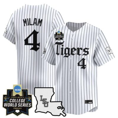 Men's LSU Tigers 2025 World Series 'Gothic Geaux Edition' Vapor Premier Limited Jersey - White Pinstripe Steven Milam