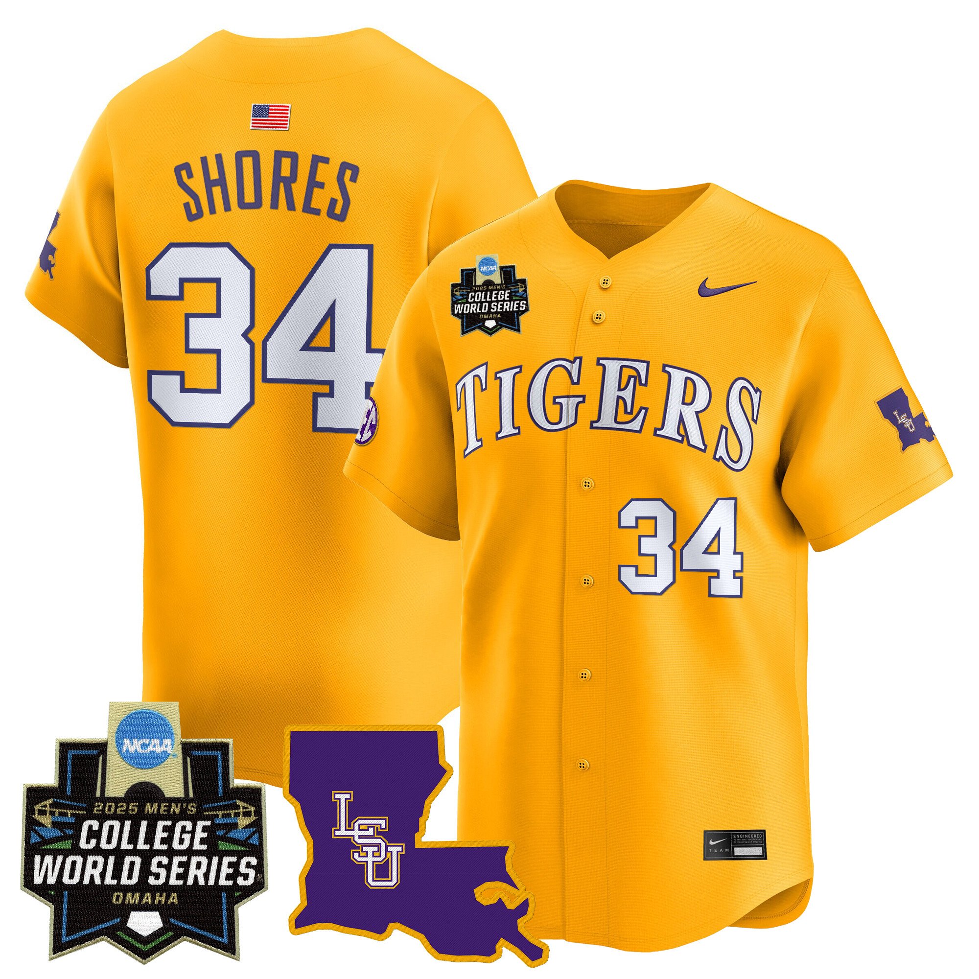 Men's LSU Tigers 2025 World Series Vapor Premier Limited Jersey - Gold Chase Shores