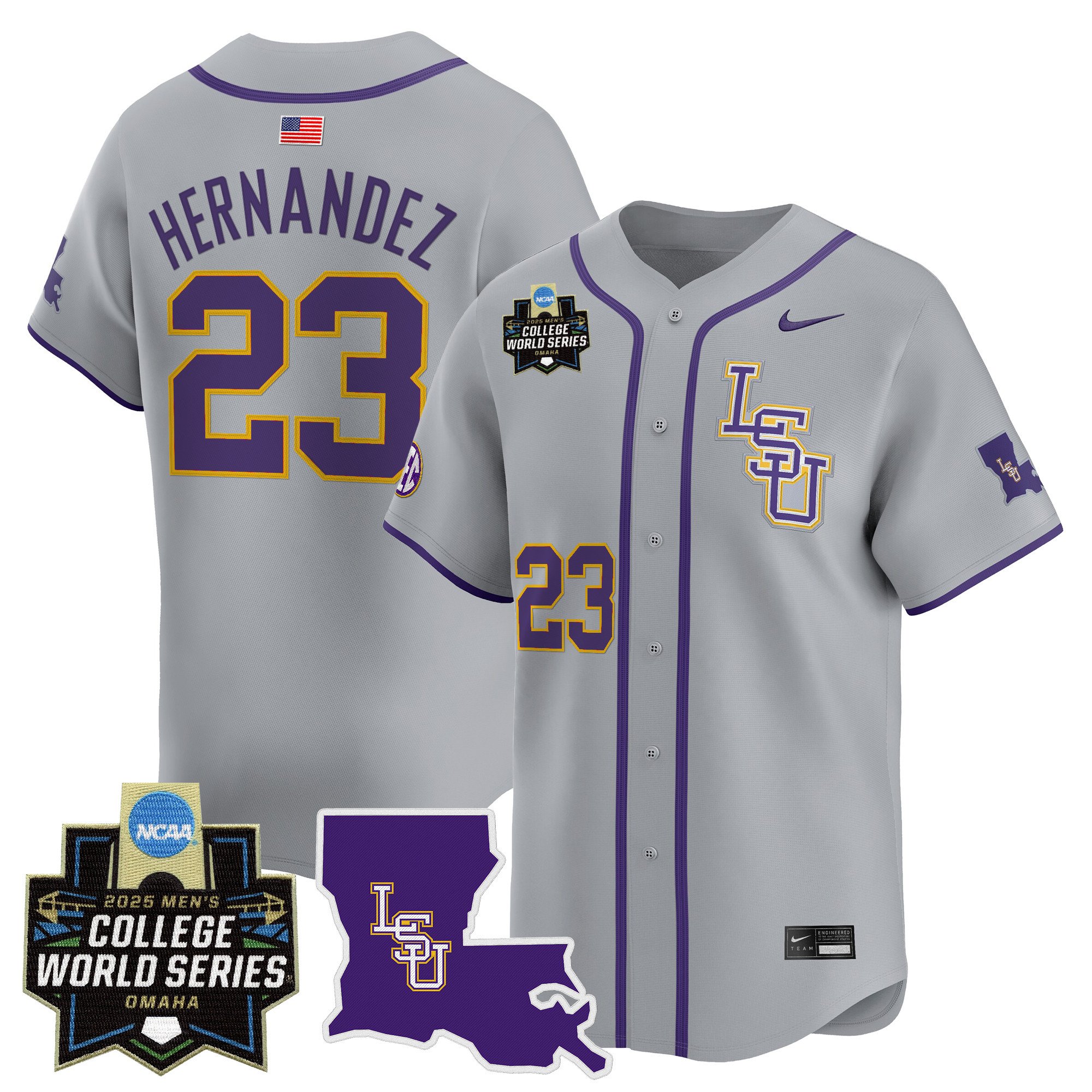 Men's LSU Tigers 2025 World Series Vapor Premier Limited Jersey - Gray Luis Hernandez