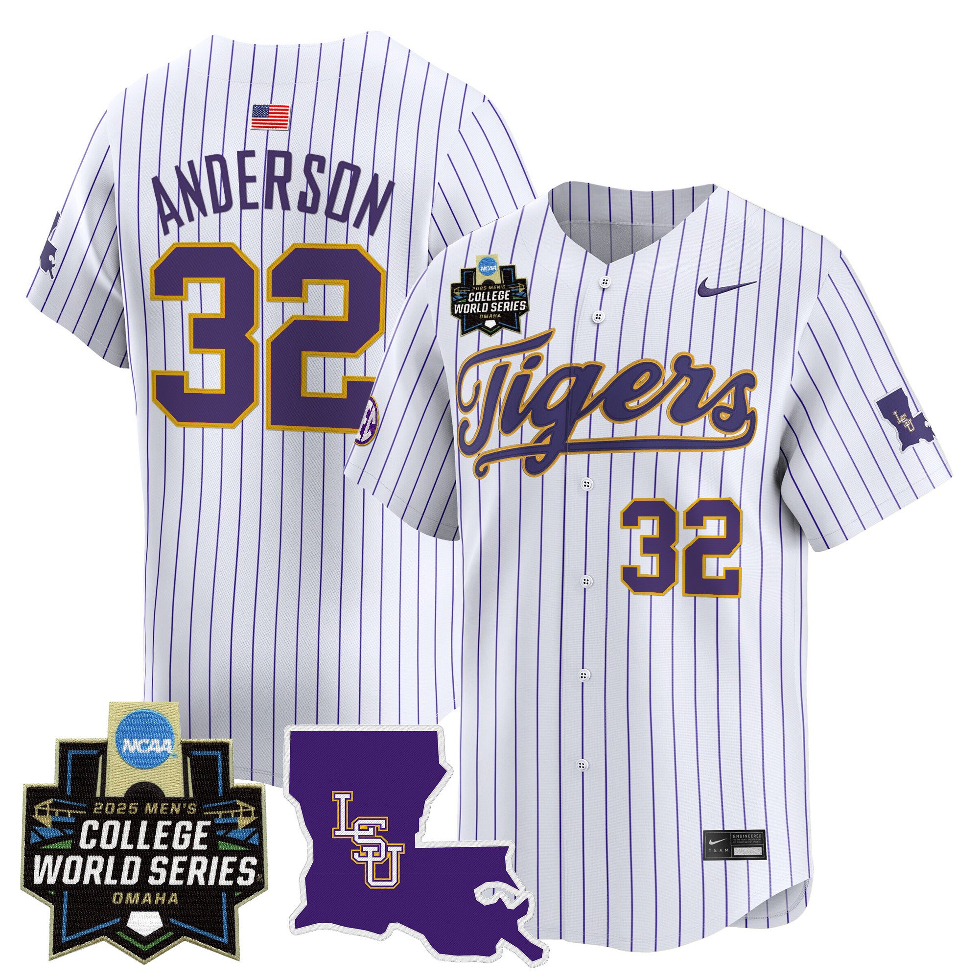 Men's LSU Tigers 2025 World Series Vapor Premier Limited Jersey - Pinstripe Kade Anderson