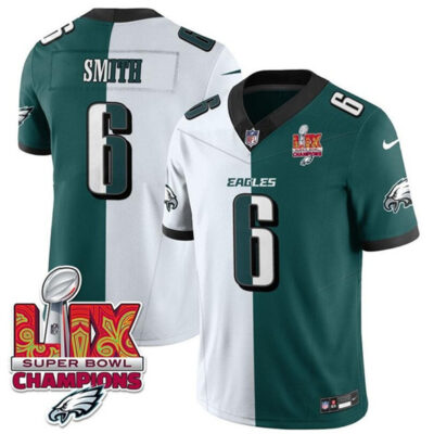 Philadelphia Eagles #6 DeVonta Smith White/Green Split 2025 Super Bowl LIX Champions Patch F.U.S.E. Vapor Untouchable Limited Football Stitched Jersey