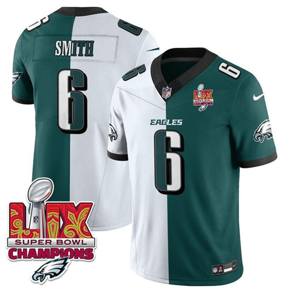 Philadelphia Eagles #6 DeVonta Smith White/Green Split 2025 Super Bowl LIX Champions Patch F.U.S.E. Vapor Untouchable Limited Football Stitched Jersey