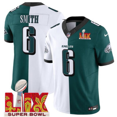 Philadelphia Eagles #6 DeVonta Smith White/Green Split 2025 Super Bowl LIX Patch F.U.S.E. Vapor Untouchable Limited Football Stitched Jersey