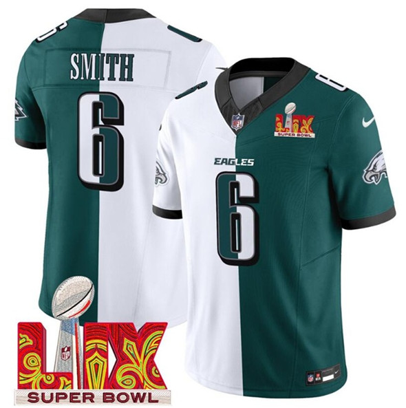 Philadelphia Eagles #6 DeVonta Smith White/Green Split 2025 Super Bowl LIX Patch F.U.S.E. Vapor Untouchable Limited Football Stitched Jersey