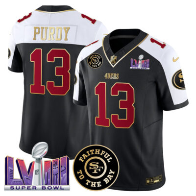 San Francisco 49ers #13 Brock Purdy Black Alternate 2025 Draft F.U.S.E. Faithful & Super Bowl LVIII Patch Vapor Limited Football Stitched Jersey