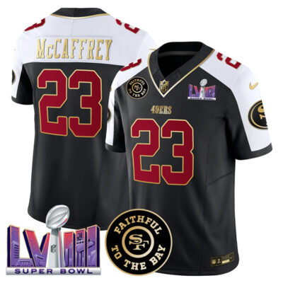San Francisco 49ers #23 Christian Mccaffrey Black Alternate 2025 Draft F.U.S.E. Faithful & Super Bowl LVIII Patch Vapor Limited Football Stitched Jersey