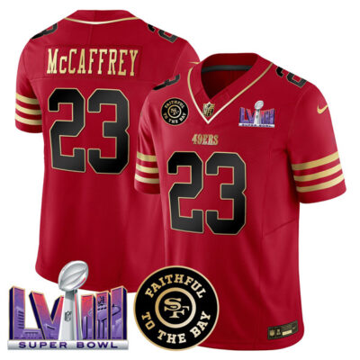 San Francisco 49ers #23 Christian Mccaffrey Red 2025 Draft F.U.S.E. Faithful & Super Bowl LVIII Patch Vapor Limited Football Stitched Jersey