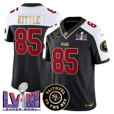 San Francisco 49ers #85 George kittle Black Alternate 2025 Draft F.U.S.E. Faithful & Super Bowl LVIII Patch Vapor Limited Football Stitched Jersey