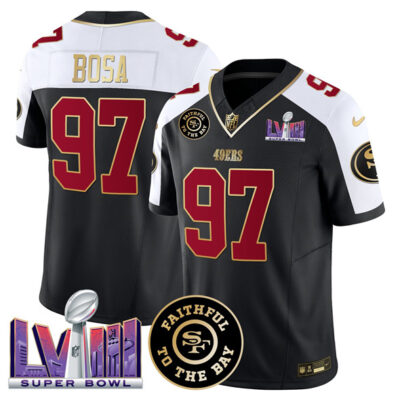 San Francisco 49ers #97 Nick Bosa Black Alternate 2025 Draft F.U.S.E. Faithful & Super Bowl LVIII Patch Vapor Limited Football Stitched Jersey
