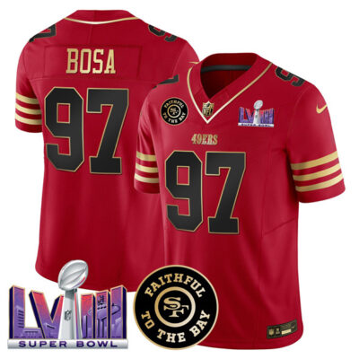 San Francisco 49ers #97 Nick Bosa Red 2025 Draft F.U.S.E. Faithful & Super Bowl LVIII Patch Vapor Limited Football Stitched Jersey