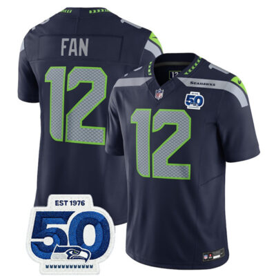 Seattle Seahawks #12 Fan Navy 2025 F.U.S.E. 50th Anniversary Patch Vapor Limited Football Stitched Jersey