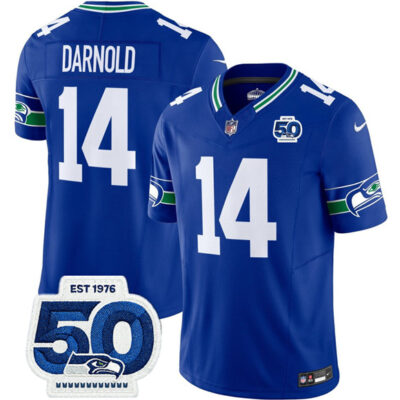 Seattle Seahawks #14 Sam Darnold Royal 2025 F.U.S.E 50th Anniversary Patch Throwback Vapor Limited Football Stitched Jersey