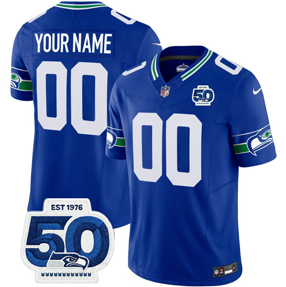 Seattle Seahawks Active Player Custom Royal 2025 F.U.S.E 50th Anniversary Patch Throwback Vapor Limited Stitched Jersey