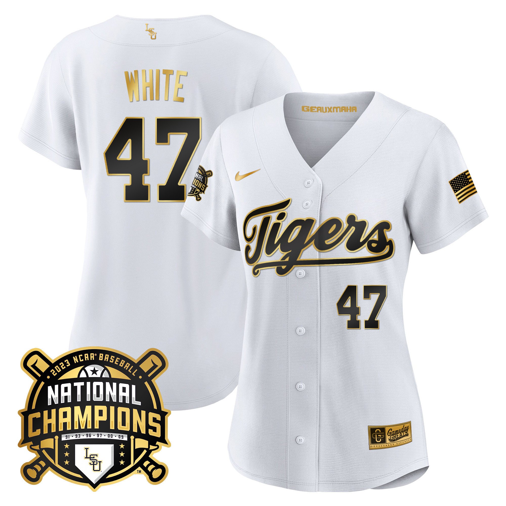 Women's LSU Tigers 2023 National Champions Gold Jersey - Tommy White