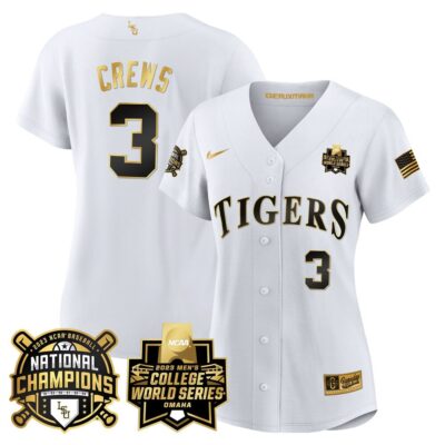 Women's LSU Tigers 2023 National Champions Gold Jersey V3 - Dylan Crews