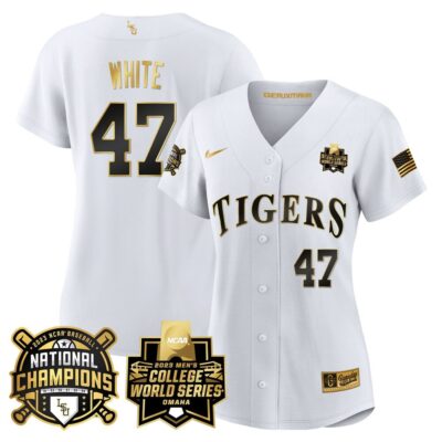 Women's LSU Tigers 2023 National Champions Gold Jersey V3 - Tommy White