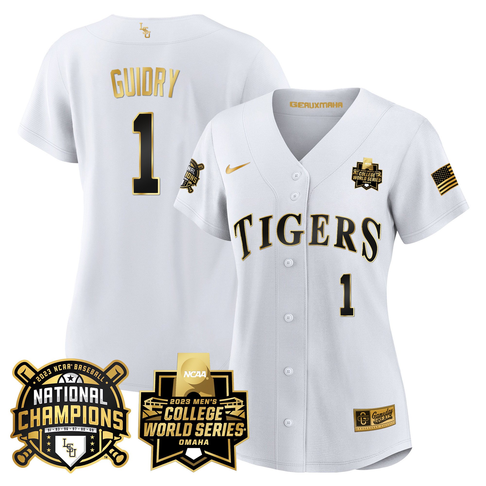 Women's LSU Tigers 2023 National Champions Gold Jersey V3 - Weylin Guidry