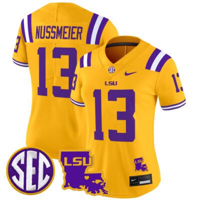 Women's LSU Tigers 2024 Louisiana Patch Vapor Limited Jersey - Gold Garrett Nussmeier