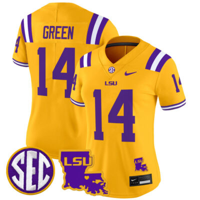 Women's LSU Tigers 2024 Louisiana Patch Vapor Limited Jersey - Gold Trey'Dez Green