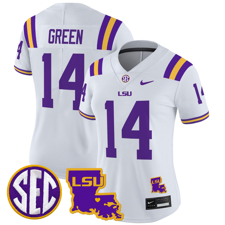 Women's LSU Tigers 2024 Louisiana Patch Vapor Limited Jersey - White Trey'Dez Green