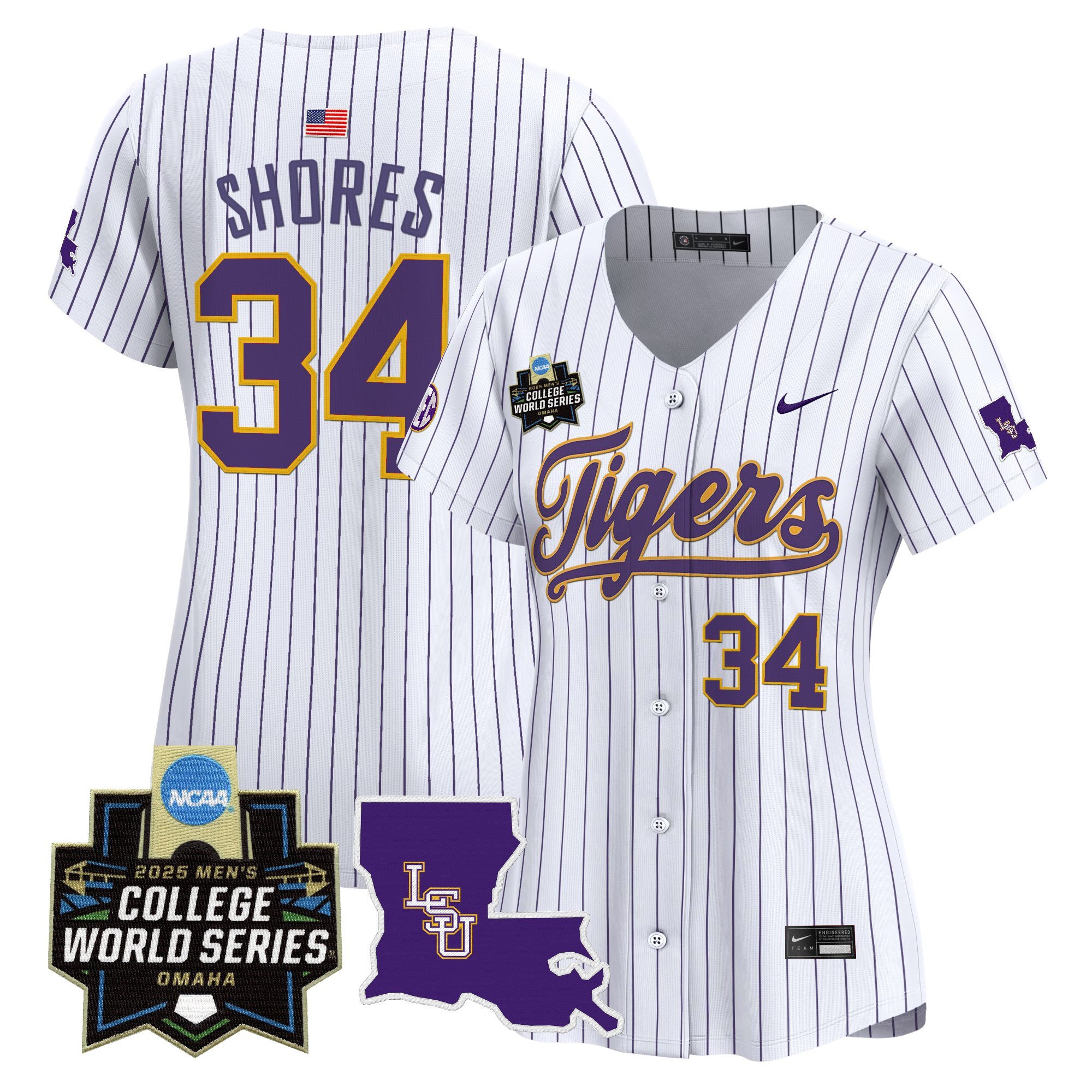Women's LSU Tigers 2025 World Series Vapor Premier Limited Jersey - Pinstripe Chase Shores
