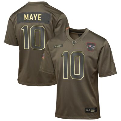 Drake Maye New England Patriots Youth 2025 Salute to Service Game Jersey - Olive