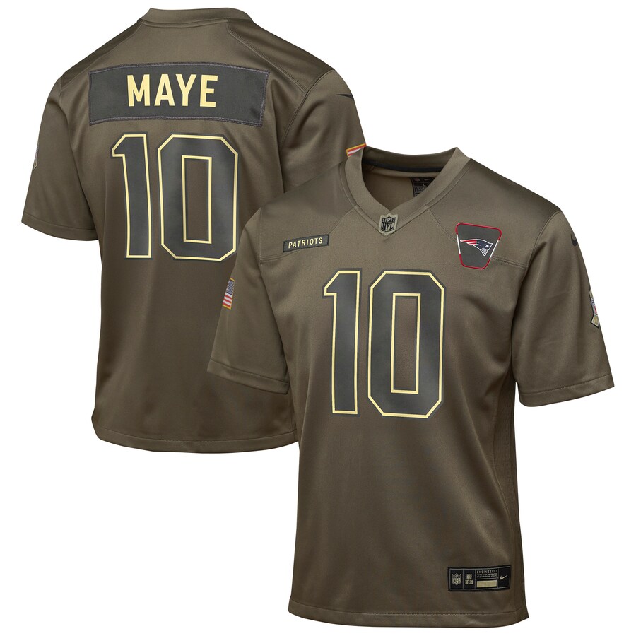 Drake Maye New England Patriots Youth 2025 Salute to Service Game Jersey - Olive