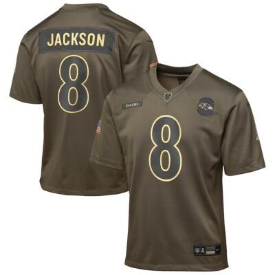 Lamar Jackson Baltimore Ravens Youth 2025 Salute to Service Game Jersey - Olive
