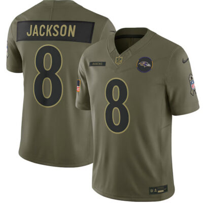 Baltimore Ravens #8 Lamar Jackson Olive 2025 Salute to Service Limited Football Stitched Jersey