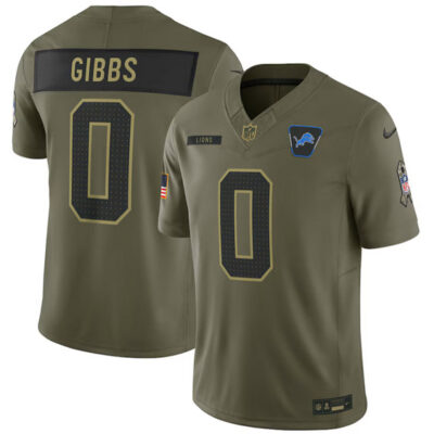 Detroit Lions #0 Jahmyr Gibbs Olive 2025 Salute to Service Limited Football Stitched Jersey