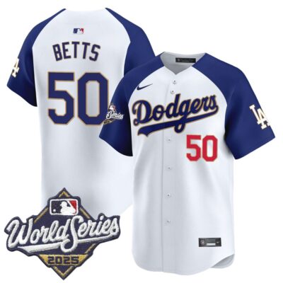 Dodgers 2025 World Series Gold Trim Vapor Premier Limited Jersey - White Alternate Mookie Betts