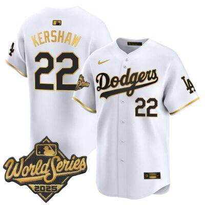 Dodgers 2025 World Series Gold Trim Vapor Premier Limited Jersey - White Gold Clayton Kershaw