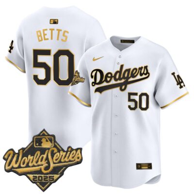 Dodgers 2025 World Series Gold Trim Vapor Premier Limited Jersey - White Gold Mookie Betts
