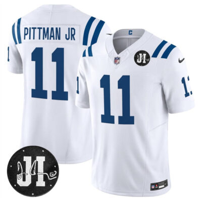 Indianapolis Colts #11 Michael Pittman Jr. White 2025 F.U.S.E. Jim Irsay Patch Vapor Limited Football Stitched Jersey